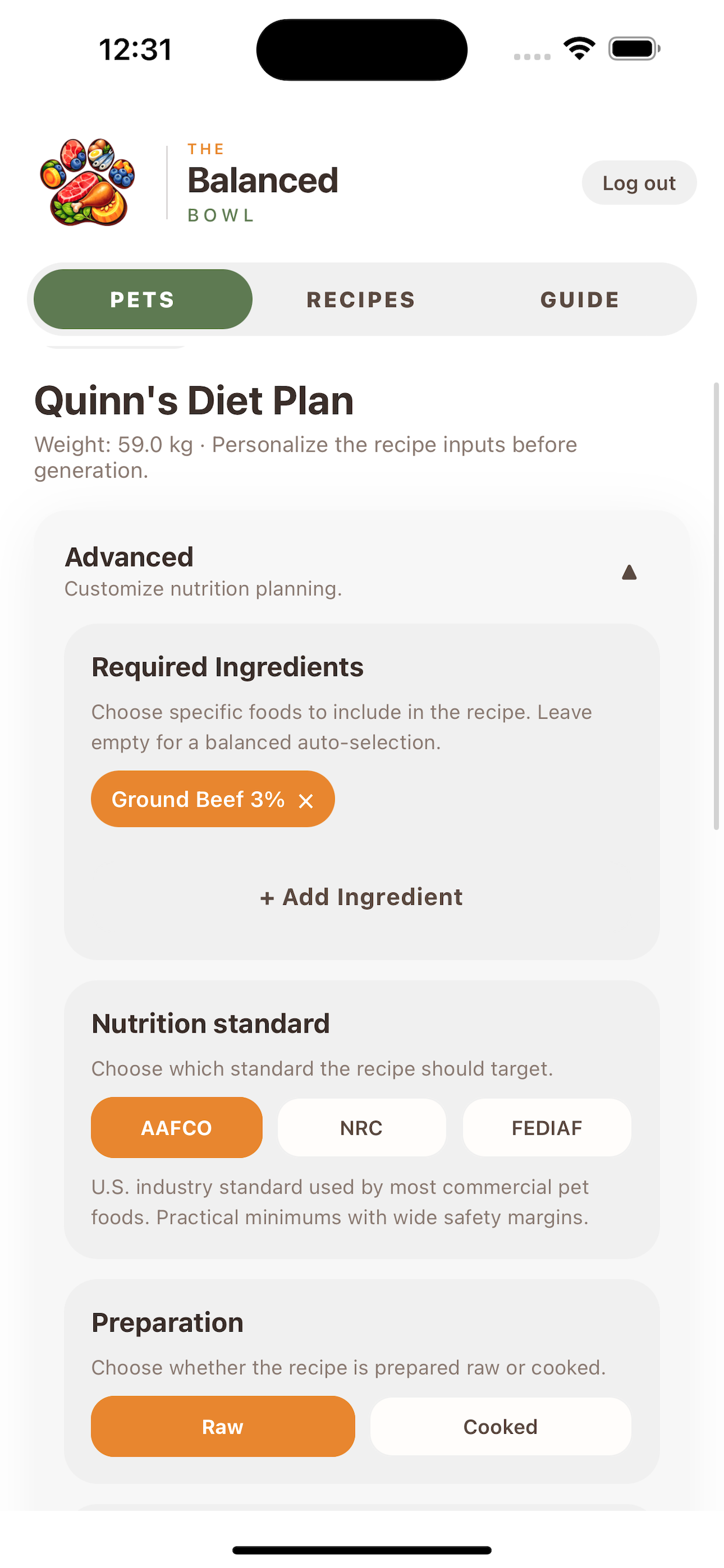 Advanced recipe options screen