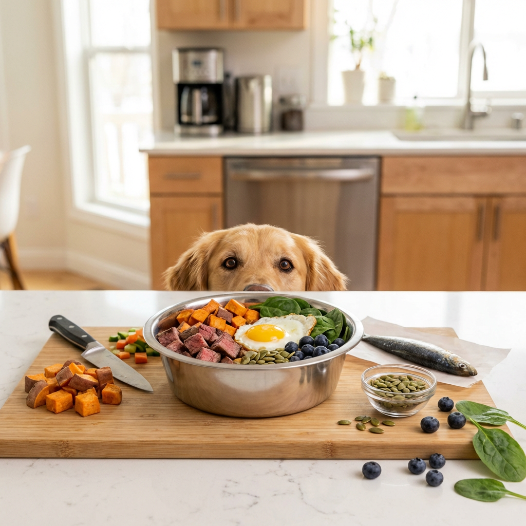 Dog looking at fresh ingredients on the counter
