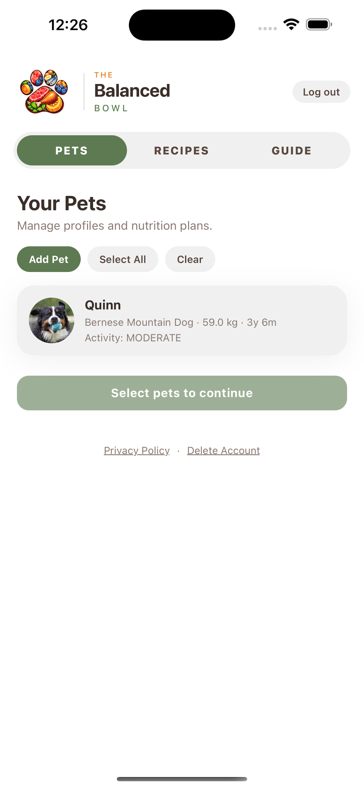 Multi-pet household planning screen
