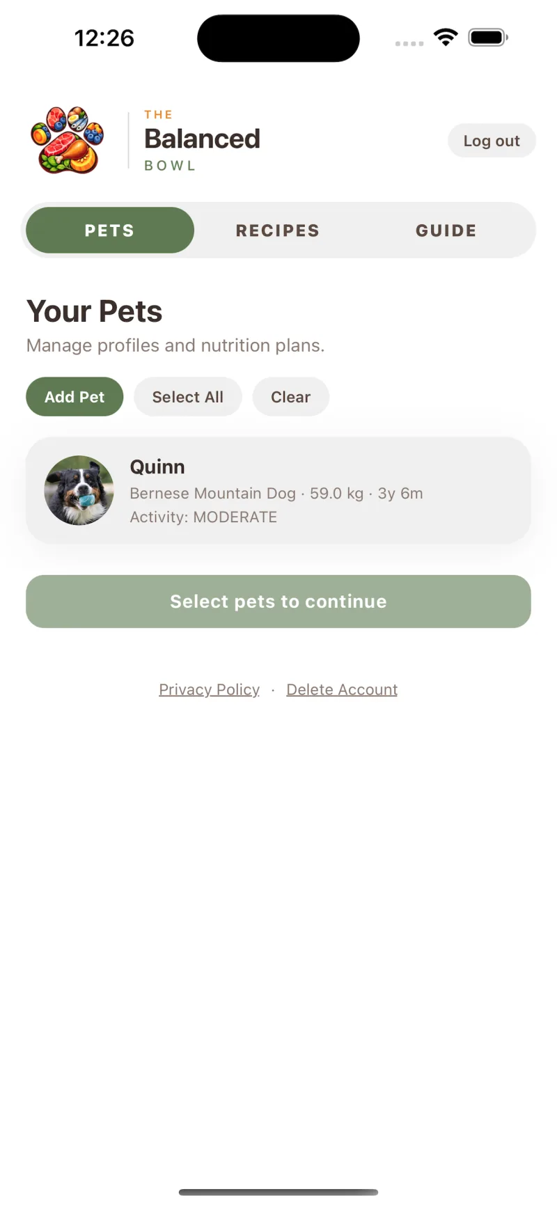 Multi-pet household planning screen