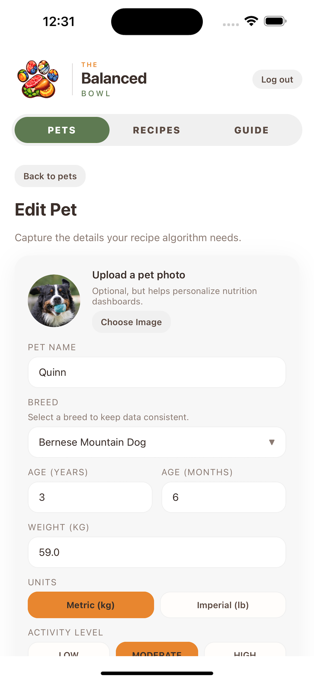 Pet profile setup screen